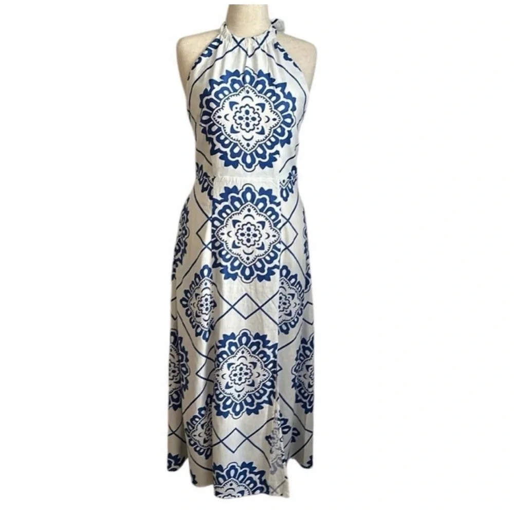 1.State Revolve Linen Blue/White Portuguese Tile Print Dress Linen/Rayon Large - Picture 3 of 4